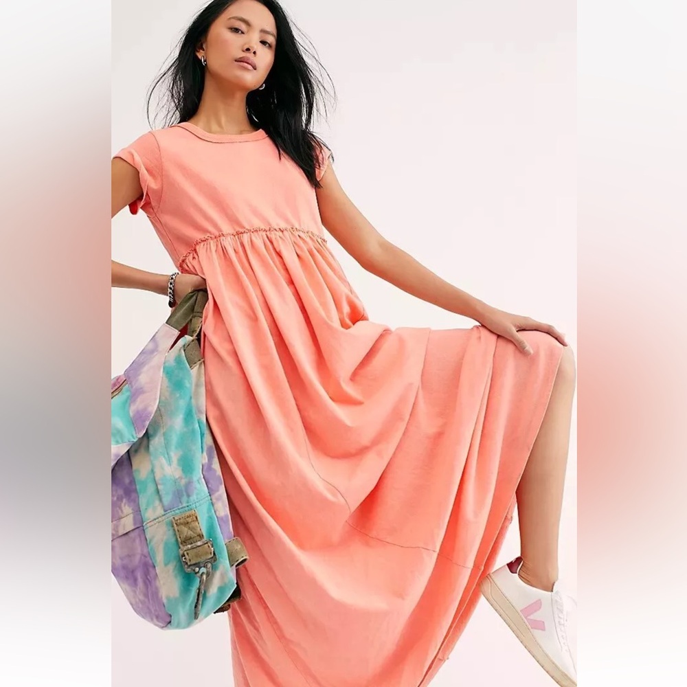 NWT FREE PEOPLE Sz S CARISSA TEE DRESS MAXI TEE SHIRT DRESS IN 🍑 PEACH - Picture 9 of 11